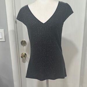 Banana Republic Black Short Sleeve Sparkle  V-Neck Top Size S